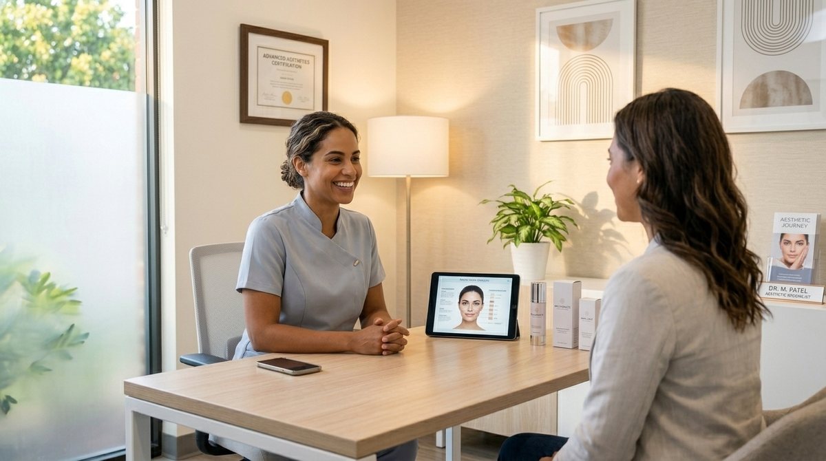 Profissional de estética em consulta com uma cliente, avaliação de pele no tablet
