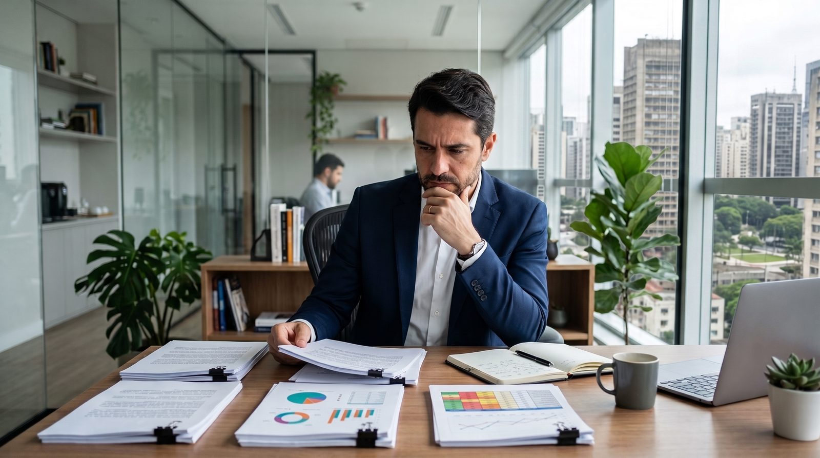 Gestor sobrecarregado analisando relatórios em papel no escritório
