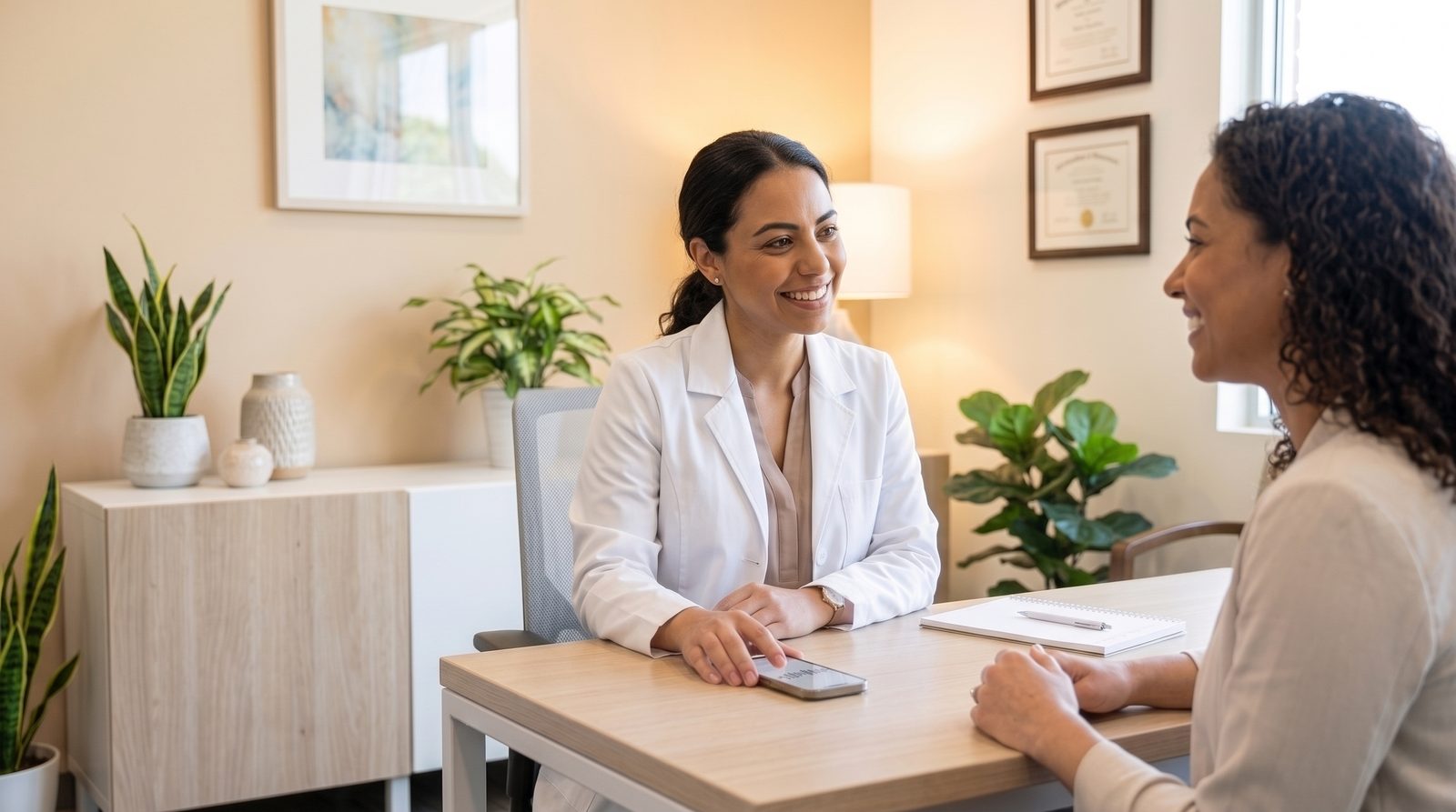 Médica em atendimento com paciente no consultório