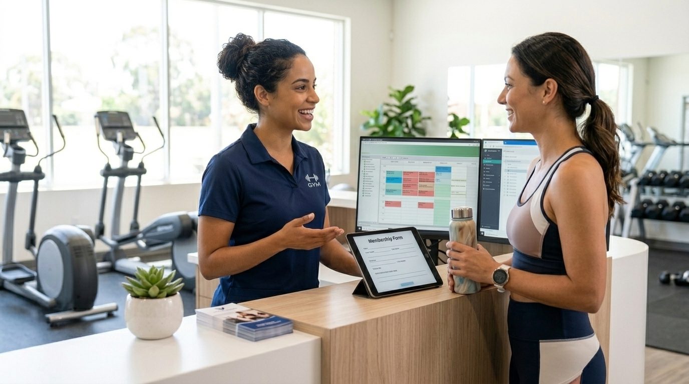 Recepcionista de academia atendendo uma aluna na recepção